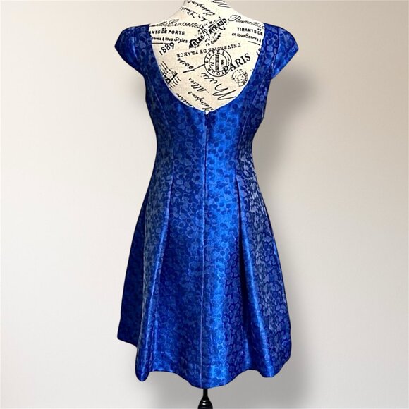 Kay Unger NY 6 Blue Jacquard Satin Square Neck Cap Sleeve Wedding Party Dress - Picture 4 of 8